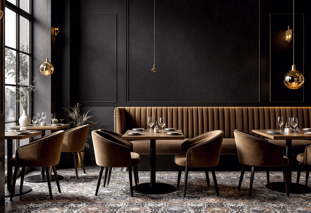 Big Sofa and many chairs and tables, in a place which looks like a restaurant